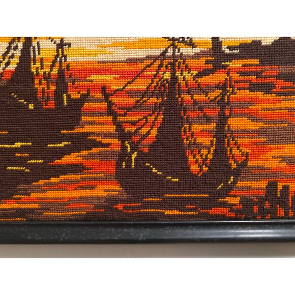 Vintage Framed Needlepoint Art 70s Handmade Oblong yellow Orange Coastal Water - Picture 2 of 5
